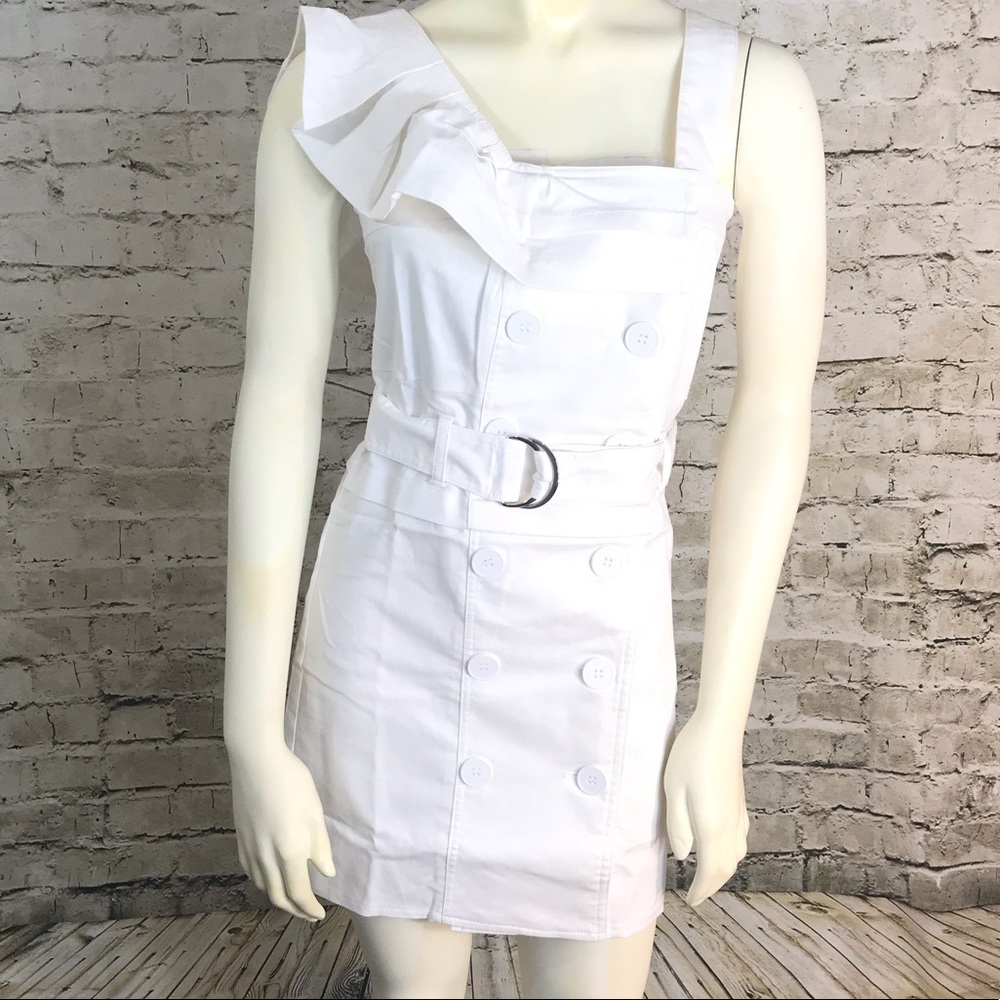 Denim White Dress by  Luxxel Asymmetric Ruffle